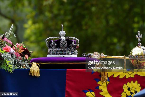 The coffin of Queen Elizabeth II with the Imperial State Crown resting on top is seen during the State Funeral of Queen Elizabeth II on September 19,...