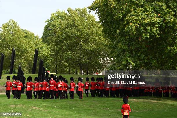 Coldstream Guards are seen during the State Funeral of Queen Elizabeth II on September 19, 2022 in London, England. Elizabeth Alexandra Mary Windsor...