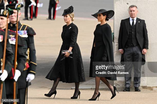 Sophie, Countess of Wessex and Meghan, Duchess of Sussex at Wellington Arch during the State Funeral of Queen Elizabeth on September 19, 2022 in...