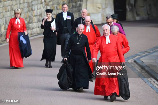 The Archbishop of Canterbury, Justin Welby and other clergy members are seen leaving The State Funeral for Queen Elizabeth II on September 19, 2022...