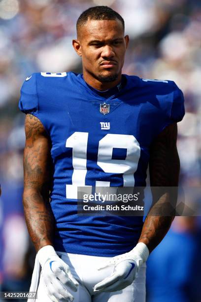 Kenny Golladay of the New York Giants stands on the sidelines during a game against the Carolina Panthers at MetLife Stadium on September 18, 2022 in...