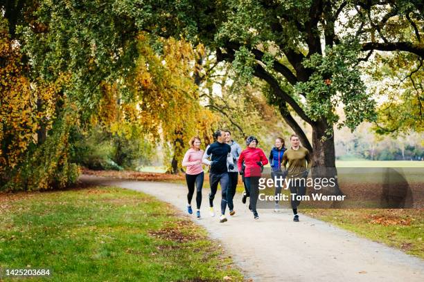 athletic men and women dressed in sports gear, interacting with each other as they jog through the park. - running gear stock pictures, royalty-free photos & images