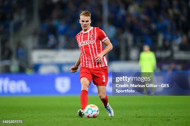 Philipp Lienhart of Freiburg controls the ball during the Bundesliga match between TSG Hoffenheim and Sport-Club Freiburg at PreZero-Arena on...