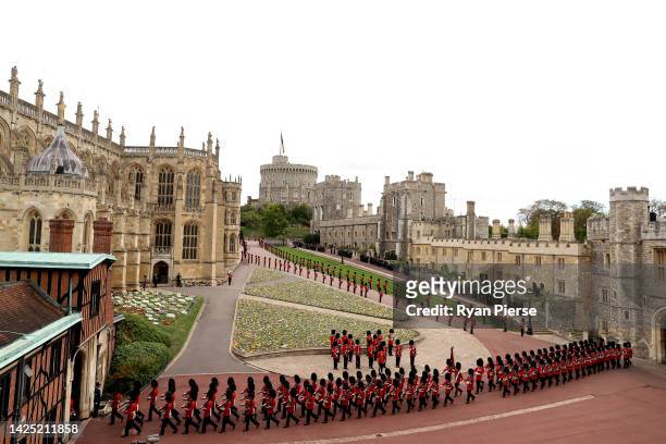 Detachment of the Grenadier Guards are seen at Windsor Castle on September 19, 2022 in Windsor, England. The committal service at St George's Chapel,...