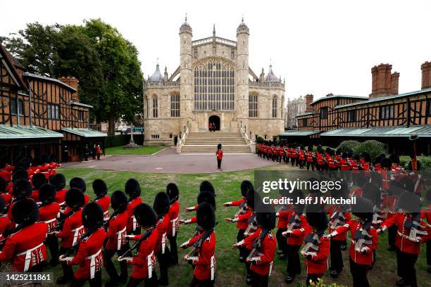 Detachment of the Grenadier Guards are seen at Windsor Castle on September 19, 2022 in Windsor, England. The committal service at St George's Chapel,...