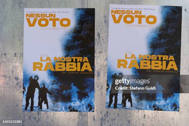 Fake election poster of the Turin anarchists on the public electoral grids with the words "No vote will ever represent our anger" on September 19,...