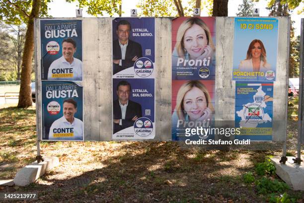 General view of Political party election poster stuck on public election grids on September 19, 2022 in Turin, Italy. Italians head to the polls for...
