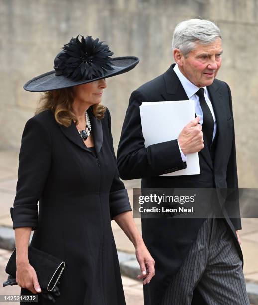 Carole Middleton and Michael Middleton arrive at Windsor Castle ahead of the Committal Service for Queen Elizabeth II on September 19, 2022 in...