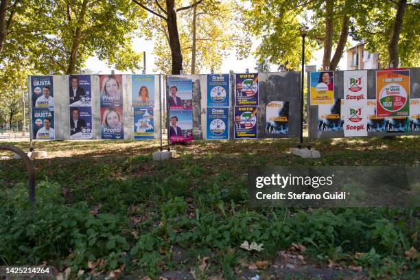 General view of Political party election poster stuck on public election grids on September 19, 2022 in Turin, Italy. Italians head to the polls for...