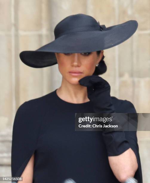 Meghan, Duchess of Sussex is seen during The State Funeral Of Queen Elizabeth II at Westminster Abbey on September 19, 2022 in London, England....