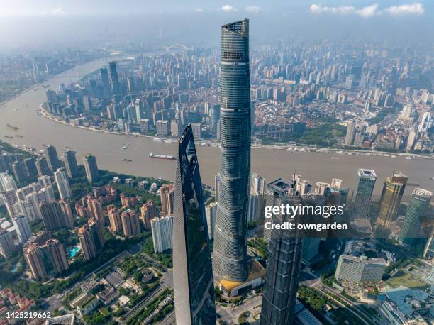 aerial view of shanghai lujiazui financial district. - 塔 ストックフォトと画像