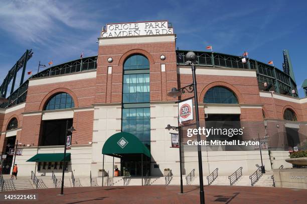 Exterior view fo front of Oriole Park at Camden Yards before a baseball game between the Baltimore Orioles and the Oakland Athletics at Oriole Park...