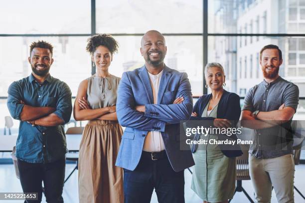 vision, proud and success business people portrait in workplace or office building with smile of men and women. group, team or corporate workers with leadership goal, motivation for about us or faq - we are hiring stockfoto's en -beelden