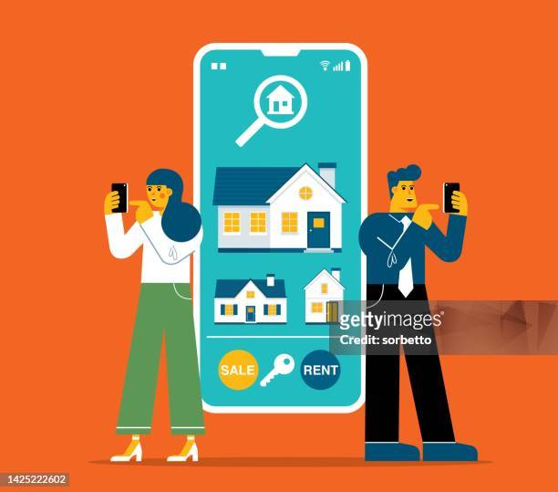 ilustraciones, imágenes clip art, dibujos animados e iconos de stock de buscar casas en línea - business man smartphone tablet