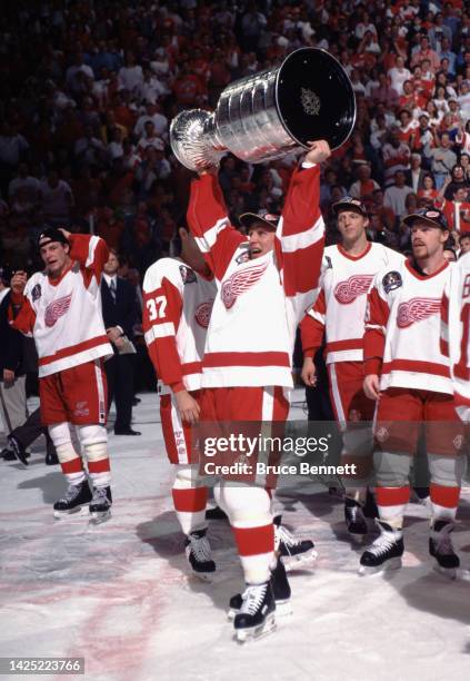 Igor Larionov of the Detroit Red Wings celebrates the Stanley Cup victory circa 1997 in Detroit, Michigan.