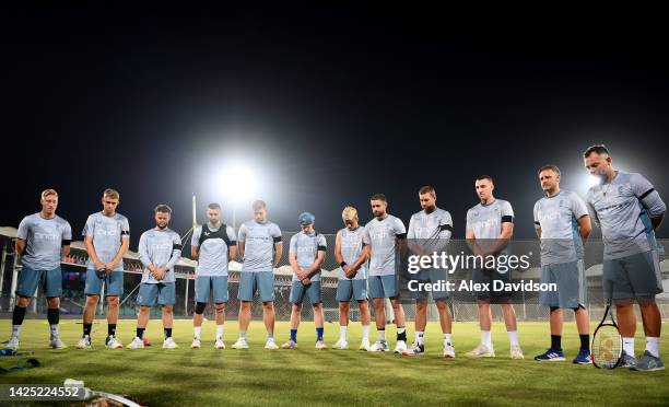 Members of the England Team and Backroom staff take part in a minute’s silence as a tribute to Her Majesty Queen Elizabeth II who died at Balmoral...