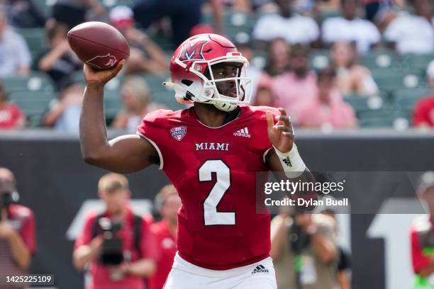 Aveon Smith of the Miami RedHawks throws a pass in the fourth quarter against the Cincinnati Bearcats at Paycor Stadium on September 17, 2022 in...