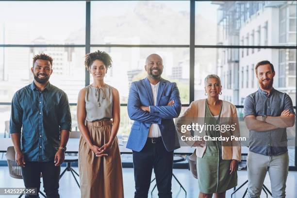 leadership, our vision and business people portrait in office workplace standing together. proud, happy diversity of staff, corporate worker men and women with motivation, goal or mission for success - staff wellbeing stock pictures, royalty-free photos & images