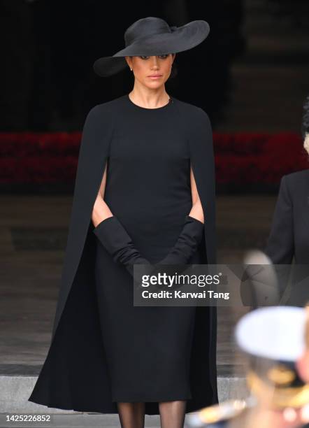 Meghan, Duchess of Sussex during the State Funeral of Queen Elizabeth II at Westminster Abbey on September 19, 2022 in London, England. Elizabeth...