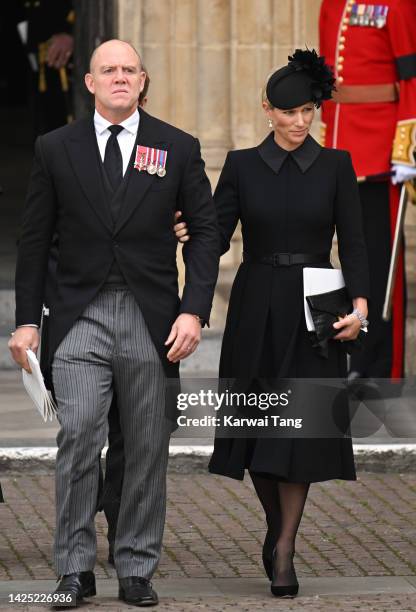 Mike Tindall and Zara Tindall during the State Funeral of Queen Elizabeth II at Westminster Abbey on September 19, 2022 in London, England. Elizabeth...