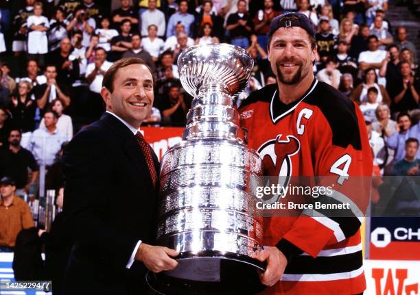 Scott Stevens of the New Jersey Devils celebrates the Stanley Cup victory in June 2000 in East Rutherford, New Jersey.