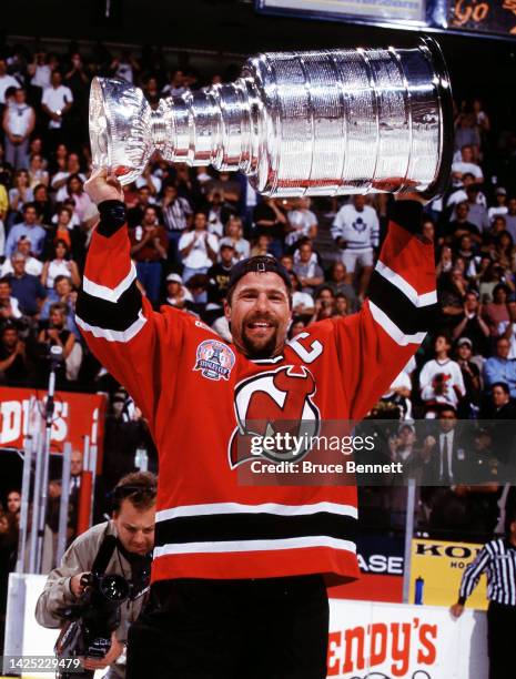 Scott Stevens of the New Jersey Devils celebrates the Stanley Cup victory in June 2000 in East Rutherford, New Jersey.