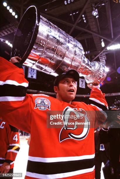 Martin Brodeur of the New Jersey Devils celebrates the Stanley Cup victory in June 2000 in East Rutherford, New Jersey.