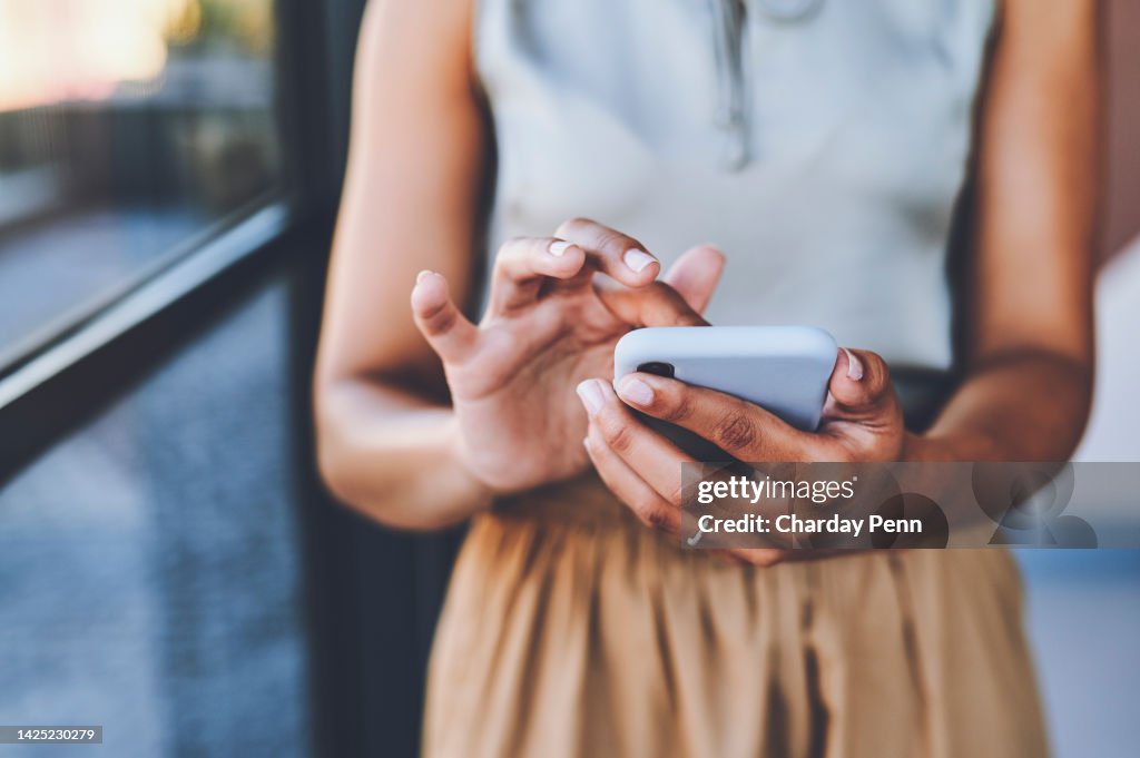 Phone, contact us and communication with a mobile in the hands of a woman for networking. Social media, 5g and technology with a female on a cellphone to message, text or browse the internet