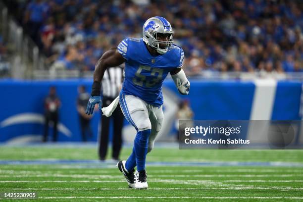 Charles Harris of the Detroit Lions runs downfield during an NFL football game against the Washington Commanders at Ford Field on September 18, 2022...