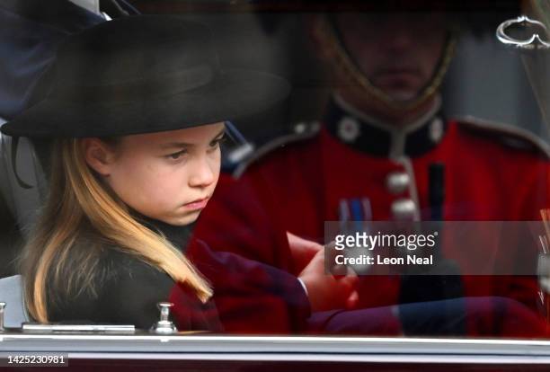 Princess Charlotte of Wales arrives at Windsor Castle for The Committal Service For Her Majesty Queen Elizabeth II on September 19, 2022 in Windsor,...