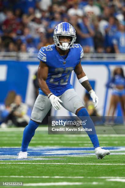 Mike Hughes of the Detroit Lions lines up before a play during an NFL football game against the Washington Commanders at Ford Field on September 18,...