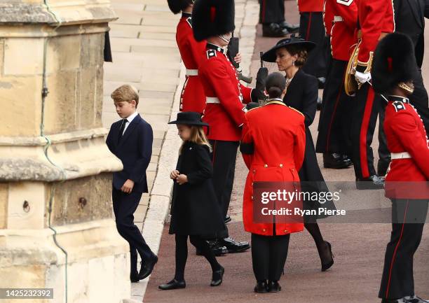 Camilla, Queen Consort, Princess Charlotte of Wales, Prince George of Wales and Catherine, Princess of Wales arrive at Windsor Castle for The...