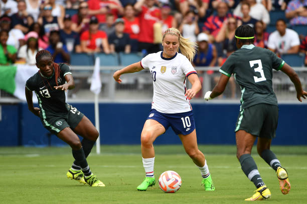 Lindsey Horan of the United States with the ball during a game between Nigeria and USWNT at Children's Mercy Park on September 3, 2022 in Kansas...