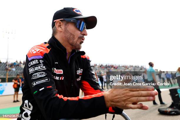 Max Biaggi of Italy and Aprilia Racing Team on the starting grid of the MotoGP at Motorland Aragon Circuit on September 18, 2022 in Alcaniz, Spain.