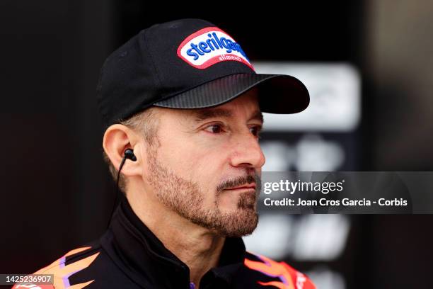 Max Biaggi of Italy and Aprilia Racing Team on the starting grid of the MotoGP at Motorland Aragon Circuit on September 18, 2022 in Alcaniz, Spain.