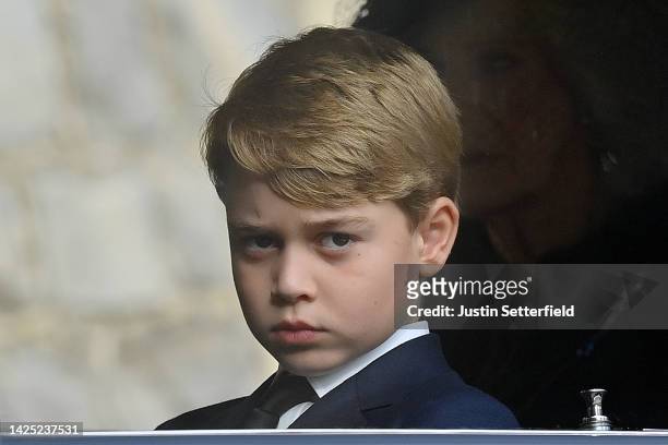 Prince George of Wales is seen arriving at St George's Chapel at on September 19, 2022 in Windsor, England. The committal service at St George's...