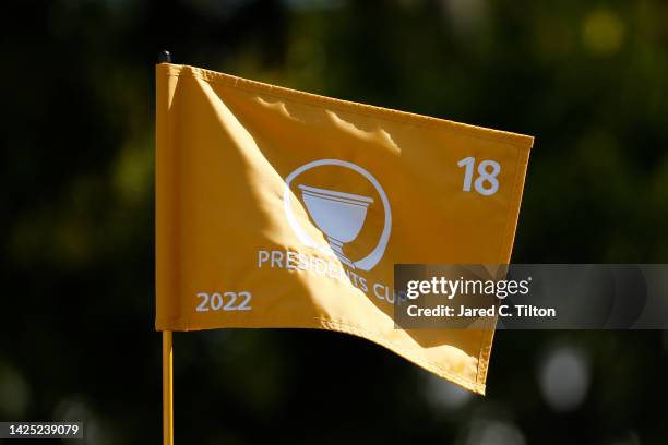 The 18th pin flag is displayed prior to the 2022 Presidents Cup at Quail Hollow Country Club on September 19, 2022 in Charlotte, North Carolina.