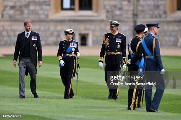 Prince Harry, Duke of Sussex, Anne, Princess Royal and Vice Admiral Sir Timothy Laurence ahead of the Committal Service of Queen Elizabeth II at St...