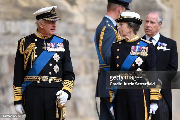King Charles III and Anne, Princess Royal ahead of The Committal Service For Her Majesty Queen Elizabeth II on September 19, 2022 in Windsor,...
