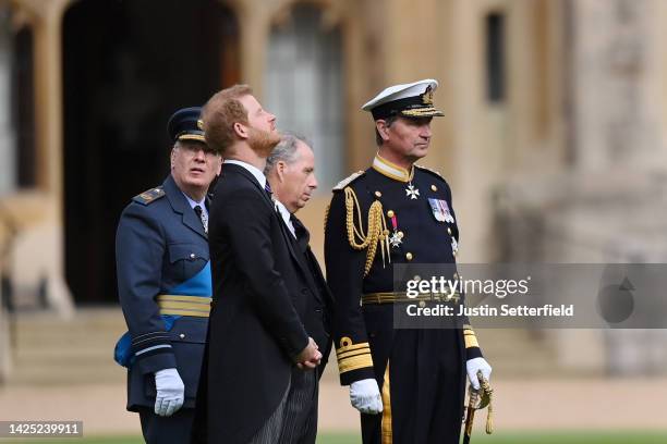 Prince Richard, Duke of Gloucester, Prince Harry, Duke of Sussex, David Armstrong-Jones, Earl of Snowdon and Vice Admiral Sir Timothy Laurence ahead...