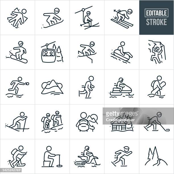 winter recreation thin line icons - editable stroke - overhead cable car stock illustrations