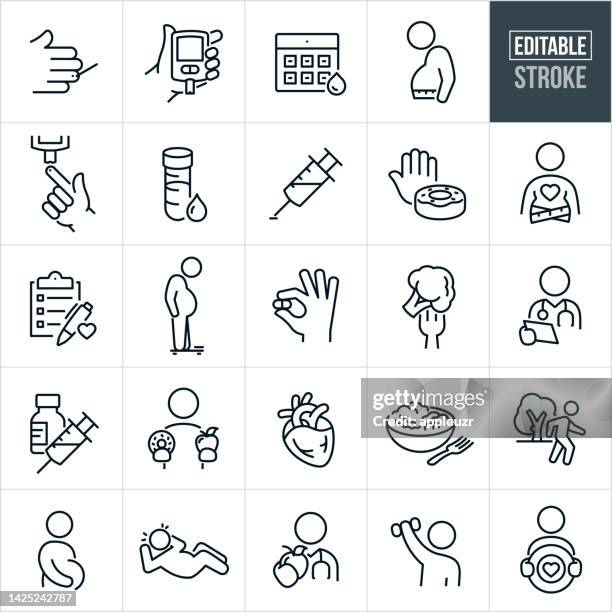 ilustraciones, imágenes clip art, dibujos animados e iconos de stock de iconos de línea delgada de diabetes - accidente cerebrovascular editable - scales