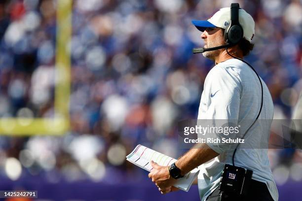 Wide Receivers coach Mike Groh of the New York Giants in action against the Carolina Panthers during a game at MetLife Stadium on September 18, 2022...