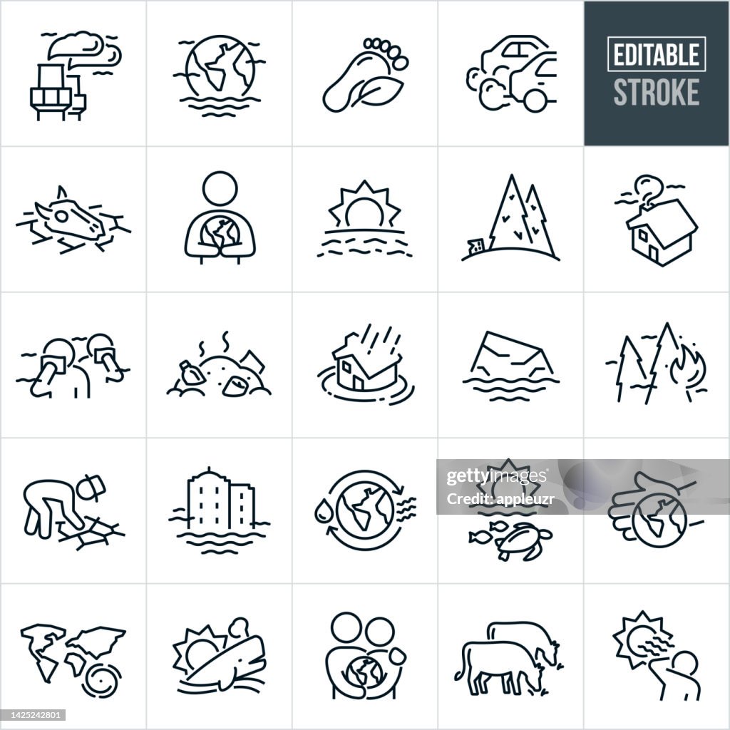 Climate Change Thin Line Icons - Editable Stroke
