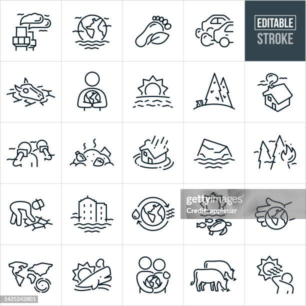 climate change thin line icons - editable stroke - melting stock illustrations