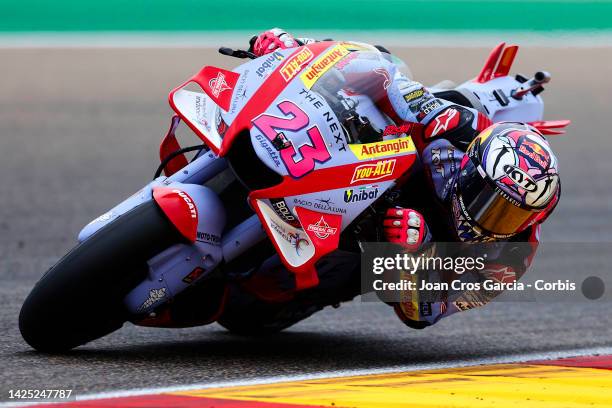 Enea Bastianini of Italy and Gresini Racing MotoGP in action during the MotoGP race at Motorland Aragon Circuit on September 18, 2022 in Alcaniz,...