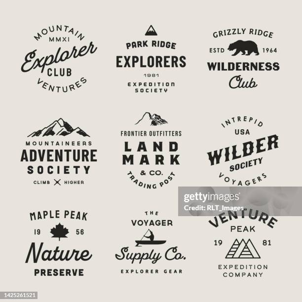 mid-century retro adventure badge designs - maple leaf icon stock illustrations