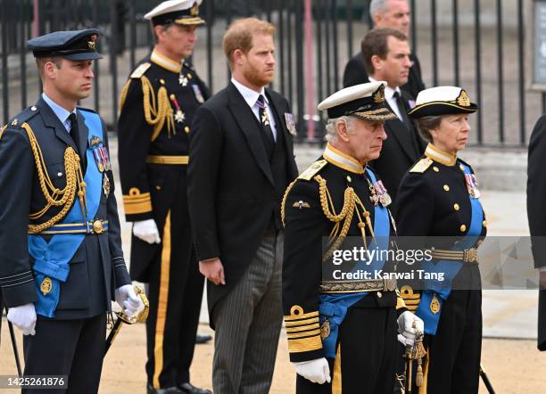 Prince William, Prince of Wales, Timothy Laurence, Prince Harry, Duke of Sussex, King Charles III, Peter Phillips and Anne, Princess Royal during the...