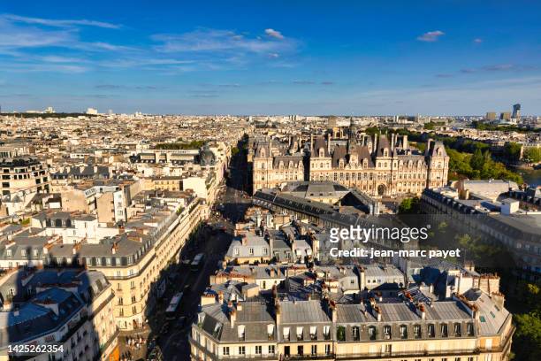 aerial view of paris on the marais district from the tour saint-jacques - the marais stock pictures, royalty-free photos & images