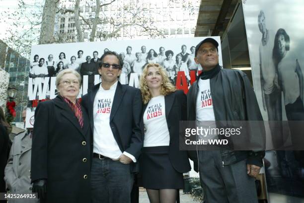 Dr. Mathilde Krim, Designer Kenneth Cole, Actress Natasha Richardson and Musician Harry Belafonte attend the Kenneth Cole AIDS Day "We all have AIDS"...